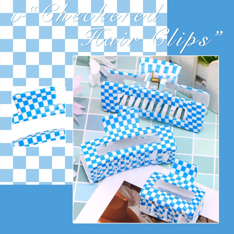 Hapdoo 3pcs Blue Checkered Hair Claw Clips, Square Checker Cute Non Slip Hair Jaw Clips, Strong Hold Rectangle Plaid Vintage Check Hair Claw - Image 3
